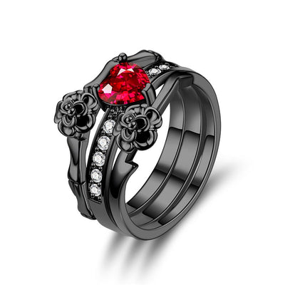 Red Crystal Black Rose Flower Ring Women'S Ring Set Wedding Jewelry - goldylify.com