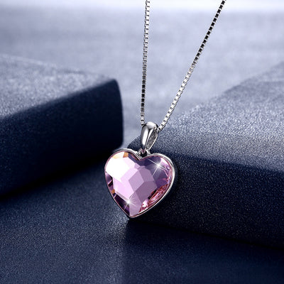 S925 Sterling Silver Heart with Crystal Necklace Pink/Platinum Plated - goldylify.com