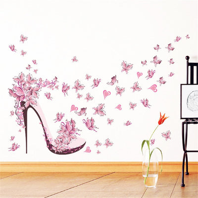 Pink Butterfly High Heels Wall Art Sticker Home Decoration Waterproof Removable Decals - goldylify.com
