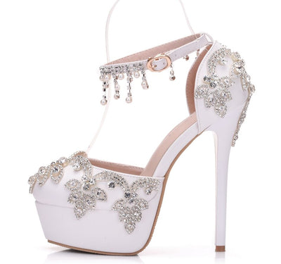 Large size white rhinestone wedding shoes single shoes women Beaded tassel chain high heel sandals waterproof platform word belt - goldylify.com
