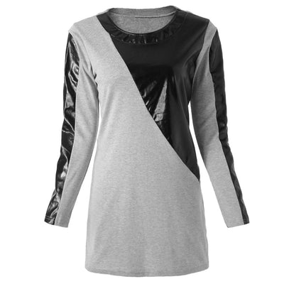 Casual Round Neck Long Sleeve PU Leather Spliced Color Block Women's Dress - goldylify.com