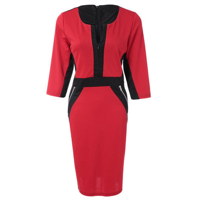 Formal V-Neck Color Block 3/4 Sleeve Dress For Women - goldylify.com