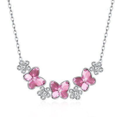 Crystal Butterfly S925 Sterling Silver Necklace Pink/Platinum Plated - goldylify.com