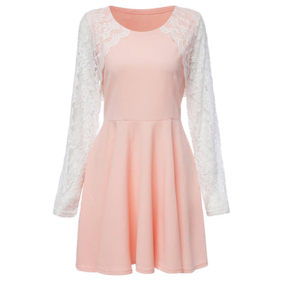 Fresh Style Round Collar Long Sleeve Lace Spliced Color Block A-Line Women's Dress - goldylify.com