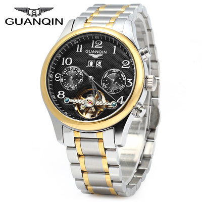 GUANQIN Male Leather Tourbillon Automatic Mechanical Watch with Calendar Display 30M Water Resistant Two Moving Sub-dials - goldylify.com