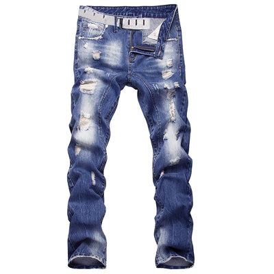 Denim Handsome Straight Distressed Jeans In Wash Blue Casual Pants for Men - goldylify.com