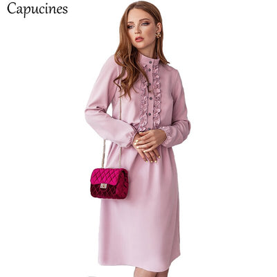 Capucines Apricot Pink Vintage Stand Collar Ruffle Trim Dress Women Solid Sashes Long Sleeve Slim A Line Elegan Autumn Dresses - goldylify.com