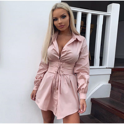 NewAsia Long Sleeve Shirt Dress With Corset Belt Casual Dress Women Vintage Sexy Dress Pink Fashion Party Dresses White 2020 New - goldylify.com