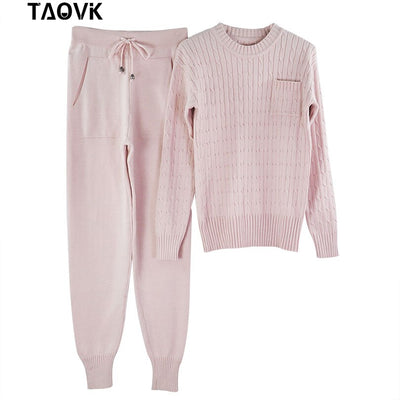 TAOVK Women Sweater Suit and Sets Casual Spring Autumn 2PCS Tracksuit Female Knitted Trousers+Jumper Tops Costume Clothing Set - goldylify.com