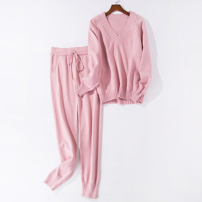 Women track suits sets Autumn Winter V-neck pullovers + long pants sets Soft warm knitted sweater track suits - goldylify.com