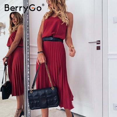 BerryGo Sexy spaghetti strap summer dress women A-line hot pink female pleated midi dress Casual office ladies party dresses - goldylify.com