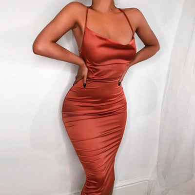 neon satin lace up 2019 summer women bodycon long midi dress sleeveless backless elegant party outfits sexy club clothes vestido - goldylify.com