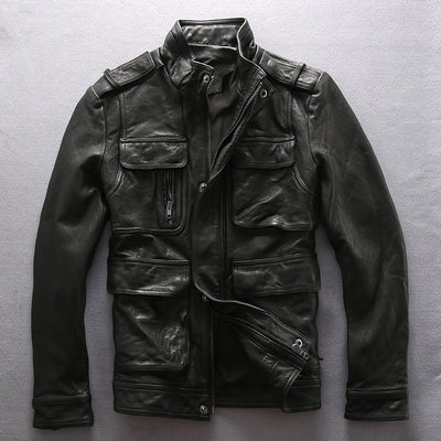 Mens Genuine Leather Jackets Cow Leather Coat Fashion Military Pocket Slim Fit Military Outerwear Jackets Free DHL/TNT Fast Ship - goldylify.com
