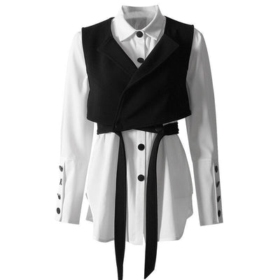 TWOTWINSTYLE Fashion Two Piece Sets Lantern Long Sleeve White Shirts Lace Up Short Vest Women's Shirts Set 2019 Spring Clothing - goldylify.com