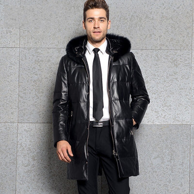Winter Genuine Leather Down Jacket Men Brand Business Slim Fit Fur Trimmed Hooded Overcoat 2020 Warm Sheepskin Long Windbreaker - goldylify.com