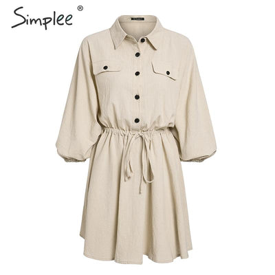 Simplee Elegant linen short shirt dress women Long sleeve cotton dress buttons female vestidos Vintage summer dresses casual - goldylify.com