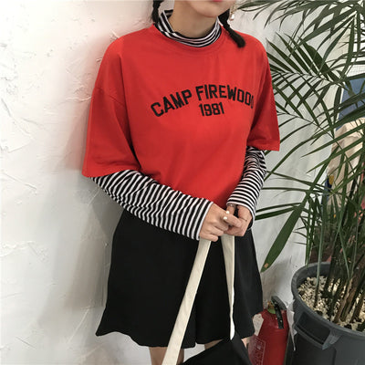 Patchwork tshirt Aesthetic Streetwear Korean Clothes Women Striped Printed Letter Roupas Feminina Long Sleeve Fall Shirts 2019 - goldylify.com