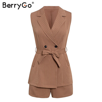 BerryGo Sleeveless 2 piece set women blazer vest Striped sash belt female suit outfits 2020 Spring summer shorts two-piece suits - goldylify.com