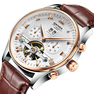 KINYUED Skeleton Tourbillon Mechanical Watch Men Automatic Classic Rose Gold Leather Mechanical Wrist Watches Reloj Hombre 2020 - goldylify.com