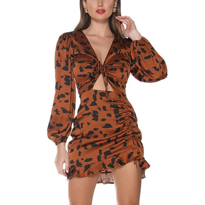 OOTN Ruffle Drawstring Leopard Dress Women V-Neck Puff Sleeve Sexy Mini Dress 2019 Fashion Vintage Animal Print Ladies Dresses - goldylify.com