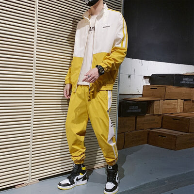 New Men's Polyester Sweatshirt Sweatpants 2 Pieces Set Casual Style Mixed Color Long Sleeve Long Trousers Black Yellow Khaki H6 - goldylify.com