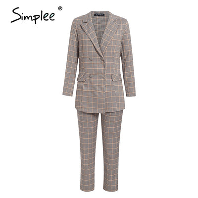 Simplee Office ladies plaid blazer suit Double breasted pockets female blazer pants set Streetwear elegant women blazer set - goldylify.com