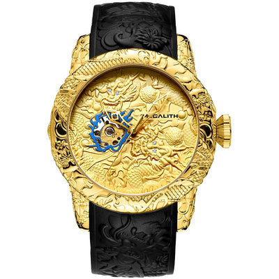 MEGALITH Gold Dragon Sculpture Automatic Mechanical Watch For Men Waterproof Silicone Strap Wristwatch Clock Relojes Hombre 8041 - goldylify.com