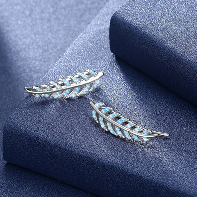 Leaves Simple Sterling Silver Earrings Light Blue/Platinum Plated - goldylify.com