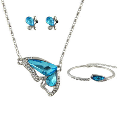 Fashion Blue Butterfly Flash Diamond Necklace Earring Bracelet Set - goldylify.com