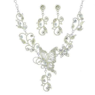Fashion Silver Butterfly Love Flower Hollow Necklace Earring Set - goldylify.com