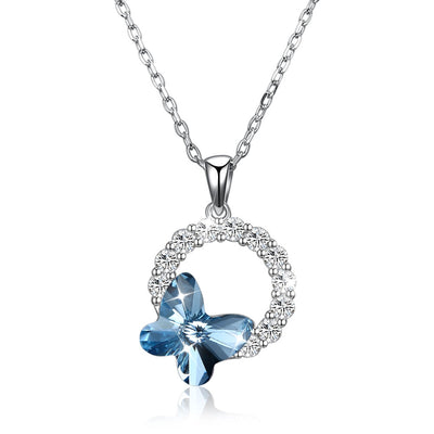 Sterling Silver Butterfly Romantic Round Pendant Necklace Blue/Platinum Plated - goldylify.com