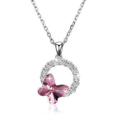 Butterfly Romantic Round Pendant Necklace Pink/Platinum Plated - goldylify.com