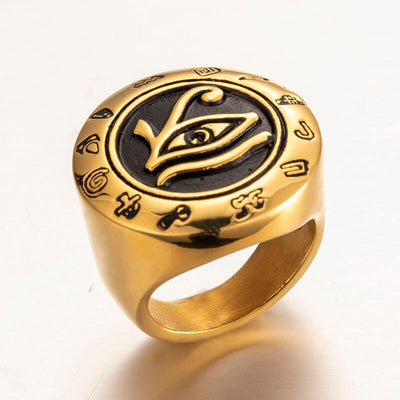 Valily Men's Stainless Steel Egypt Eye of Horus Ring Gold Round Top Signet Protection Symbol Rings Jewelry for Man - goldylify.com