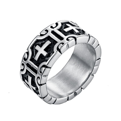 Valily Classic Retro Christian Jesus Cross Ring Stainless Steel Christian Believers Punk Rock Men's Round Rings Band Jewelry - goldylify.com