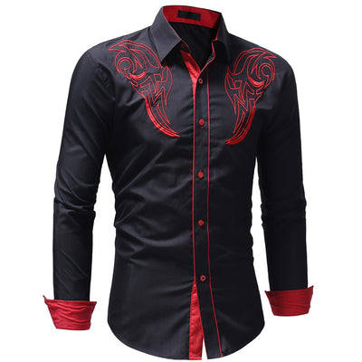 Men's Casual Slim Fit Chest Embroidered Long Sleeve Shirt - goldylify.com