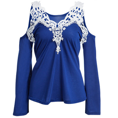 Sexy V-Neck Flare Sleeve Cut Out Lacework Deisgn Spliced T-Shirt for Women - goldylify.com