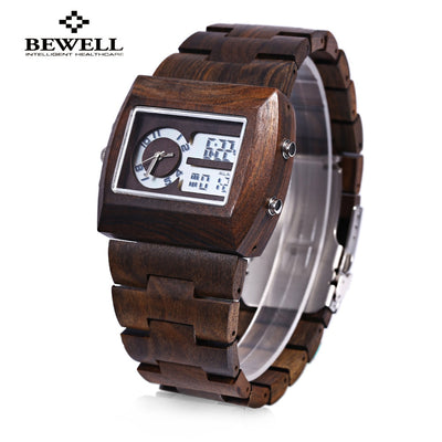 BEWELL ZS - W021A Men Dual Movt Watch Rectangle Dial Bamboo Wooden Case Calendar Wristwatch - goldylify.com