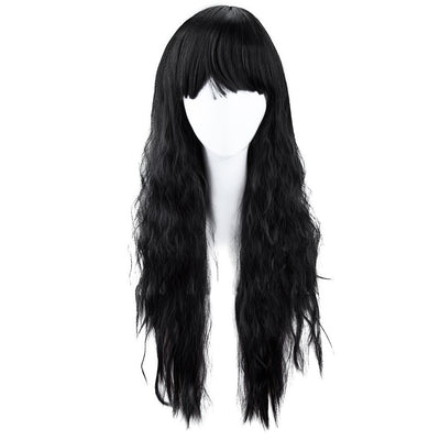 Full Bangs Long Half Curly Hair Wig Heat Resistant Natural Black - goldylify.com