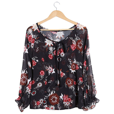 Sexy Plunging Neck Long Sleeve Floral Print Blouse For Women - goldylify.com