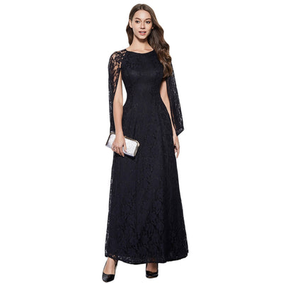 Elegant Round Collar Flare Sleeve Lace Sash Waist Black Maxi Party Dress for Women - goldylify.com