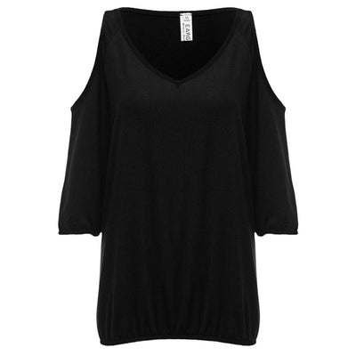 Trendy V-neck Cut Out Three Quarter Sleeve Pure Color Loose Women Blouse - goldylify.com