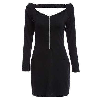 Sexy Off The Shoulder Long Sleeve Pure Color Knitted Zipper Type Mini Dress for Ladies - goldylify.com