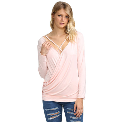 Simple V Neck Solid Color Loose Wrap T-Shirt for Women - goldylify.com