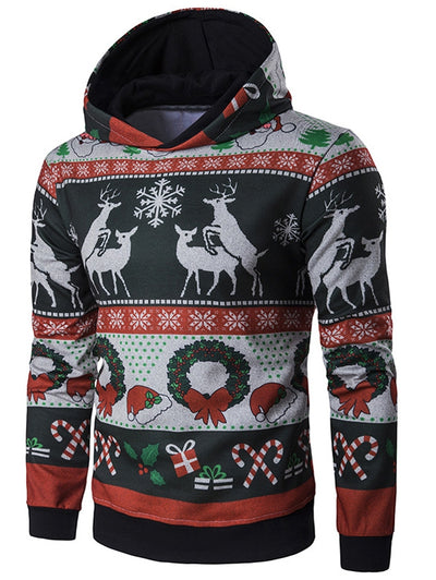 Hooded Christmas Reindeer and Snowflake Print Hoodie - goldylify.com