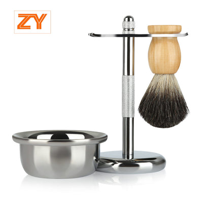 ZY Men Classic Shaving Kit Pure Badger Hair Brush Stand Holder Soap Bowl for Razor Facial Cleaning Tools - goldylify.com