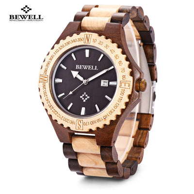 BEWELL ZS - W023A Male Wooden Date Quartz Wrist Watch with Gear Shape Bezel - goldylify.com