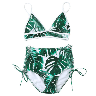 High Waist Tropical Leaf Print Bikini Set - goldylify.com