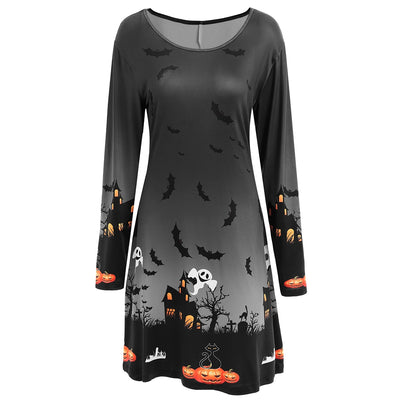 Pumpkin Bat Print Long Sleeve Halloween Swing Dress - goldylify.com
