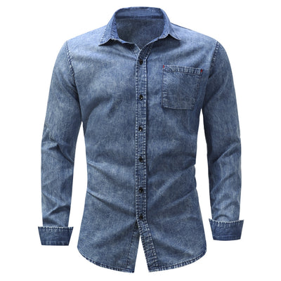 Turndown Collar Pocket Bleached Effect Chambray Shirt - goldylify.com