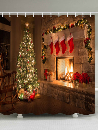 Christmas Fireplace Tree Print Waterproof Shower Curtain - goldylify.com